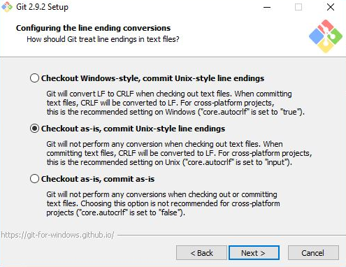 Git set up window, selecting "Checkout as-is, commit Unix-style line endings"