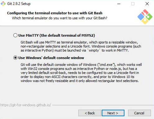 Git set up window, selecting "Use Windows' default console window"