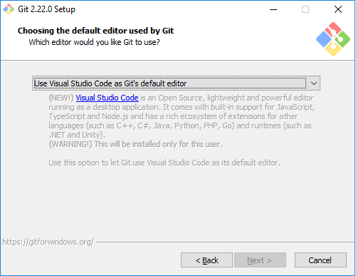 Git set up window selecting "Use Visual Studio Code as Git's default editor."